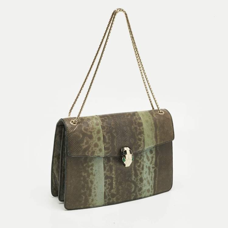 Pre Owned Bvlgari Green/Black Karung Leather Medium Serpenti Forever Shoulder Bag