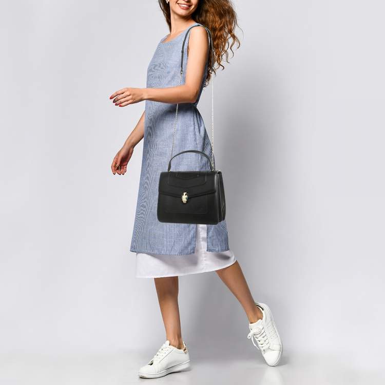 Pre Owned Bvlgari Black Leather Large Serpenti Forever Top Handle Bag