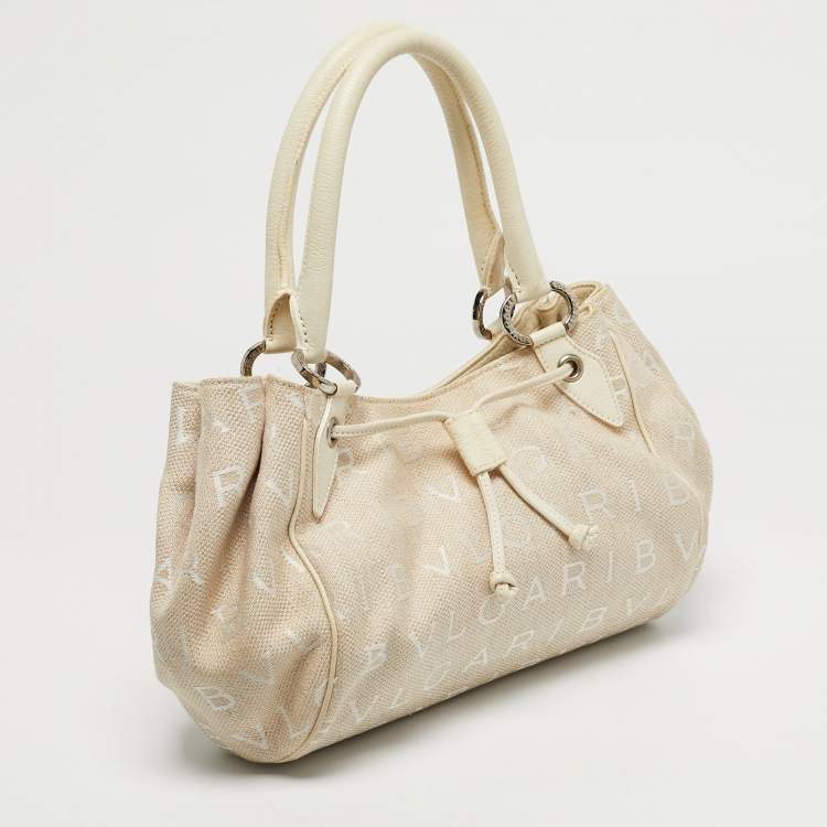 Pre Owned Bvlgari Beige/White Canvas and Leather Logomania Tote