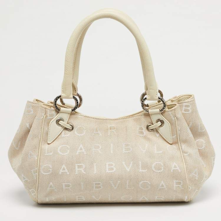 Pre Owned Bvlgari Beige/White Canvas and Leather Logomania Tote