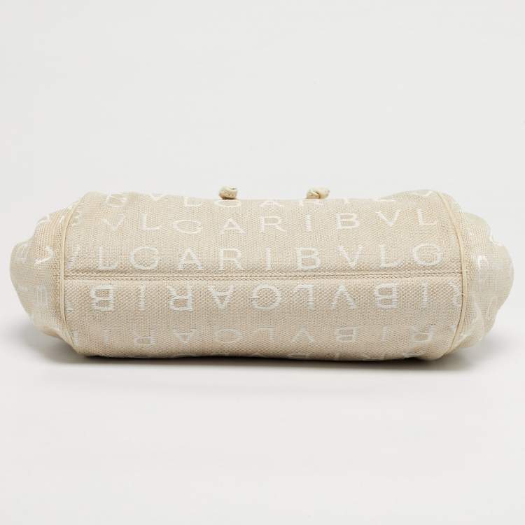 Pre Owned Bvlgari Beige/White Canvas and Leather Logomania Tote