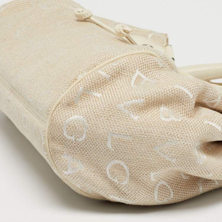 Pre Owned Bvlgari Beige/White Canvas and Leather Logomania Tote