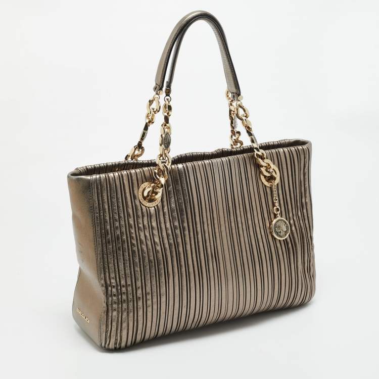 Pre Owned Bvlgari Monte Plisse Metallic Olive Green Leather Tote