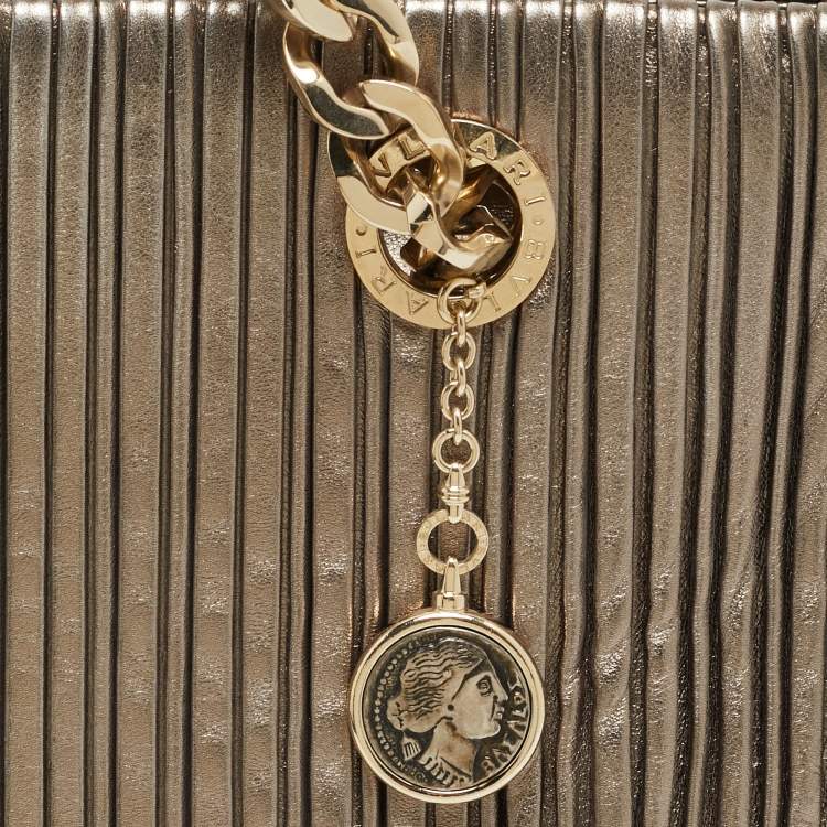 Pre Owned Bvlgari Monte Plisse Metallic Olive Green Leather Tote