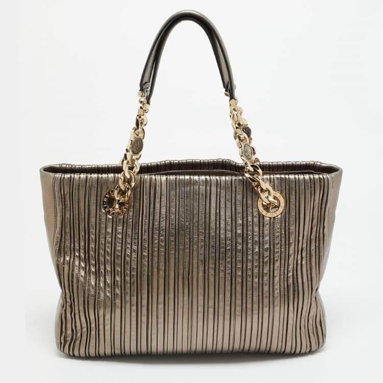 Pre Owned Bvlgari Monte Plisse Metallic Olive Green Leather Tote