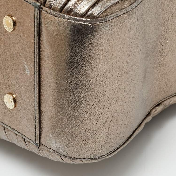 Pre Owned Bvlgari Monte Plisse Metallic Olive Green Leather Tote