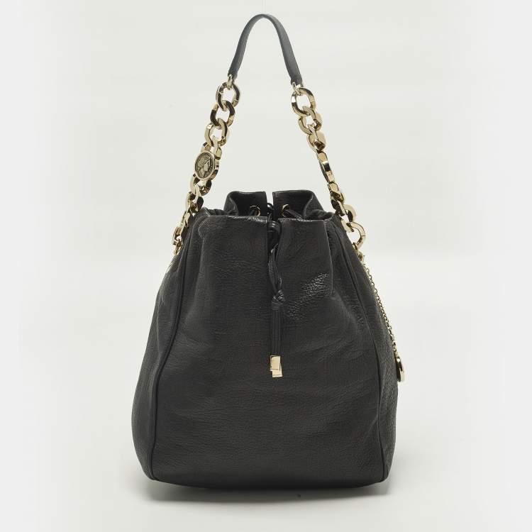 Pre Owned Bvlgari Monete Black Leather Drawstring Bucket Bag