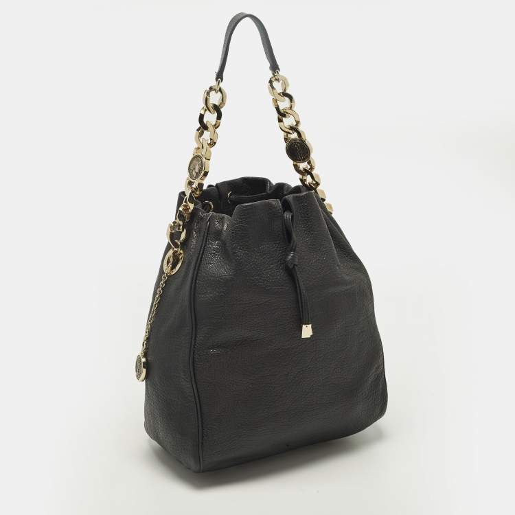 Pre Owned Bvlgari Monete Black Leather Drawstring Bucket Bag