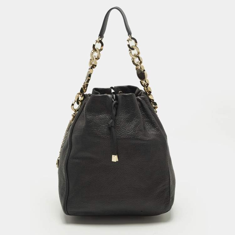 Pre Owned Bvlgari Monete Black Leather Drawstring Bucket Bag