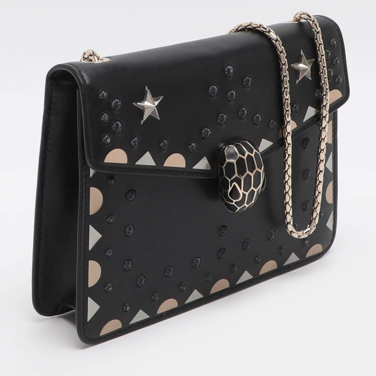 Pre Owned Bvlgari Serpenti Forever Black Embroidered Fabric and Leather Shoulder Bag