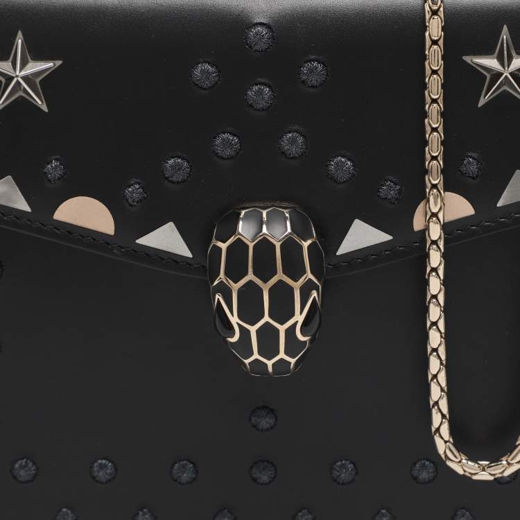 Pre Owned Bvlgari Serpenti Forever Black Embroidered Fabric and Leather Shoulder Bag