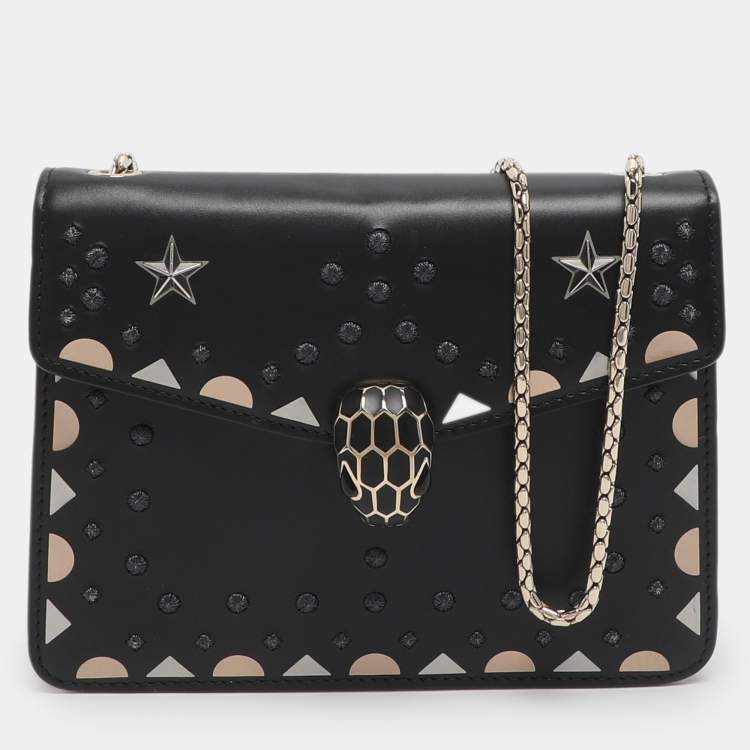 Pre Owned Bvlgari Serpenti Forever Black Embroidered Fabric and Leather Shoulder Bag