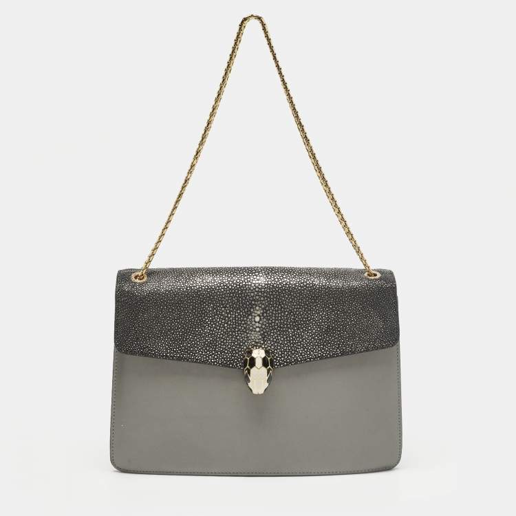 Pre Owned Bvlgari Serpenti Forever Medium Two Tone Grey Leather and Stingray Shoulder Bag
