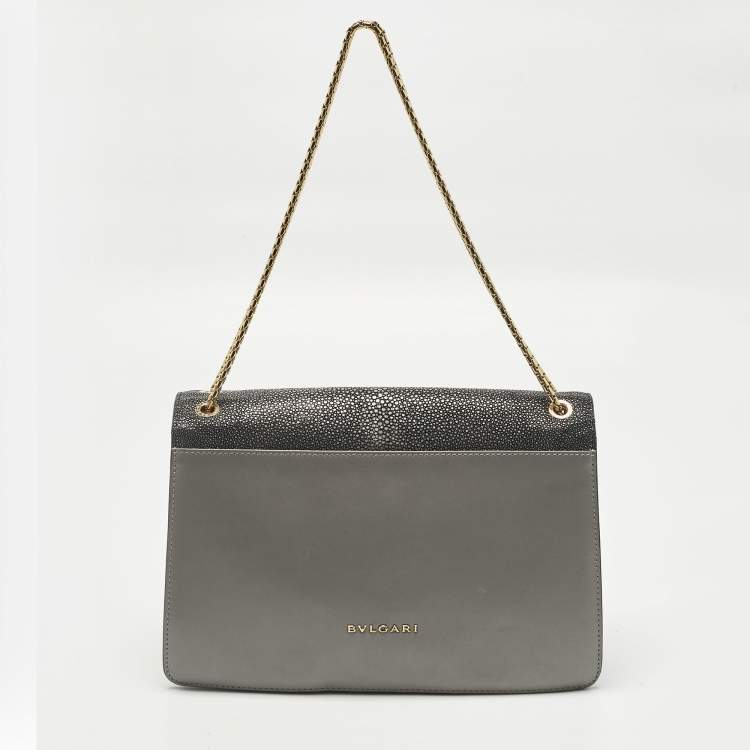 Pre Owned Bvlgari Serpenti Forever Medium Two Tone Grey Leather and Stingray Shoulder Bag