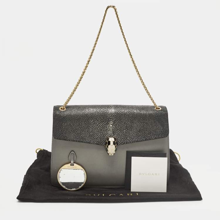Pre Owned Bvlgari Serpenti Forever Medium Two Tone Grey Leather and Stingray Shoulder Bag