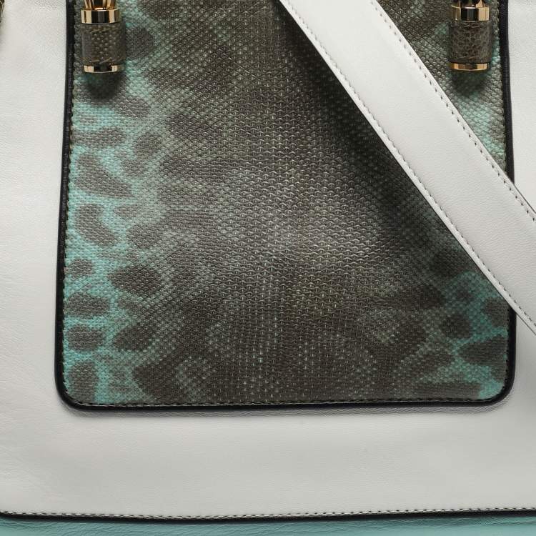 Pre Owned Bvlgari Scaglie Serpenti Light Green/White Karung and Leather Tote
