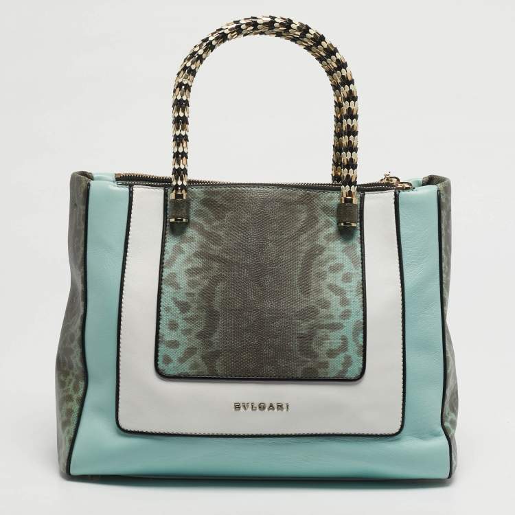 Pre Owned Bvlgari Scaglie Serpenti Light Green/White Karung and Leather Tote
