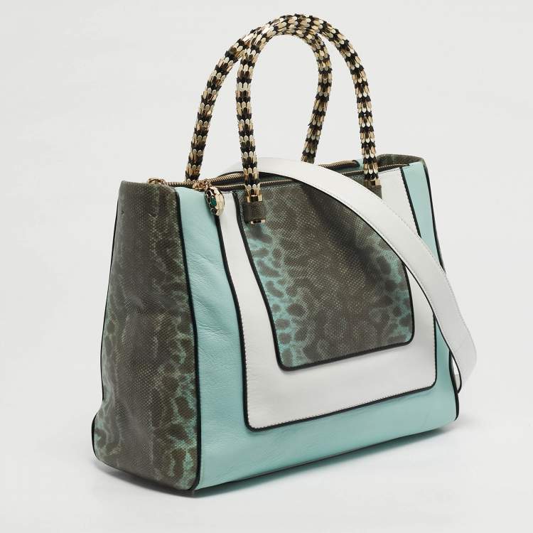 Pre Owned Bvlgari Scaglie Serpenti Light Green/White Karung and Leather Tote