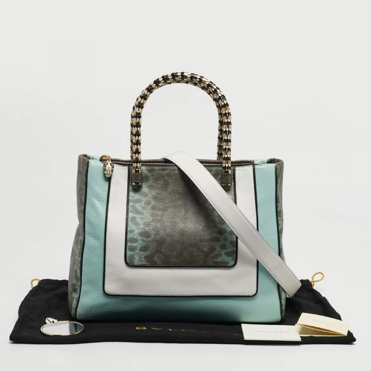 Pre Owned Bvlgari Scaglie Serpenti Light Green/White Karung and Leather Tote