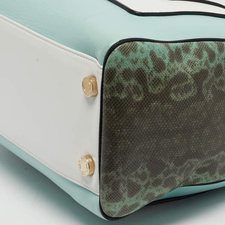 Pre Owned Bvlgari Scaglie Serpenti Light Green/White Karung and Leather Tote
