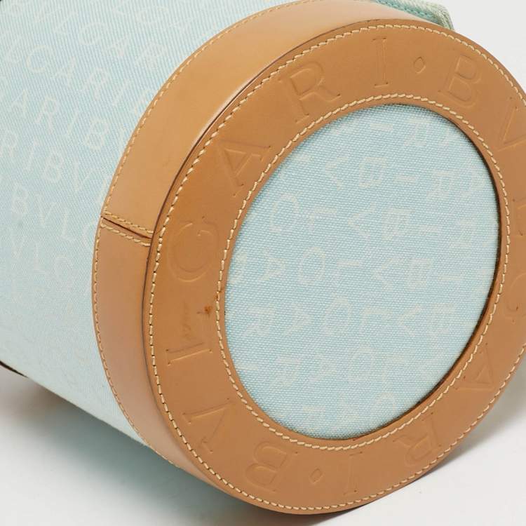 Pre Owned Bvlgari Tan/Light Blue Logo Mania Fabric Cylinder Bag