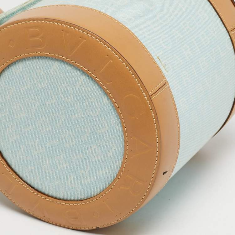 Pre Owned Bvlgari Tan/Light Blue Logo Mania Fabric Cylinder Bag