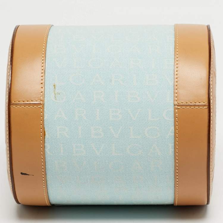 Pre Owned Bvlgari Tan/Light Blue Logo Mania Fabric Cylinder Bag
