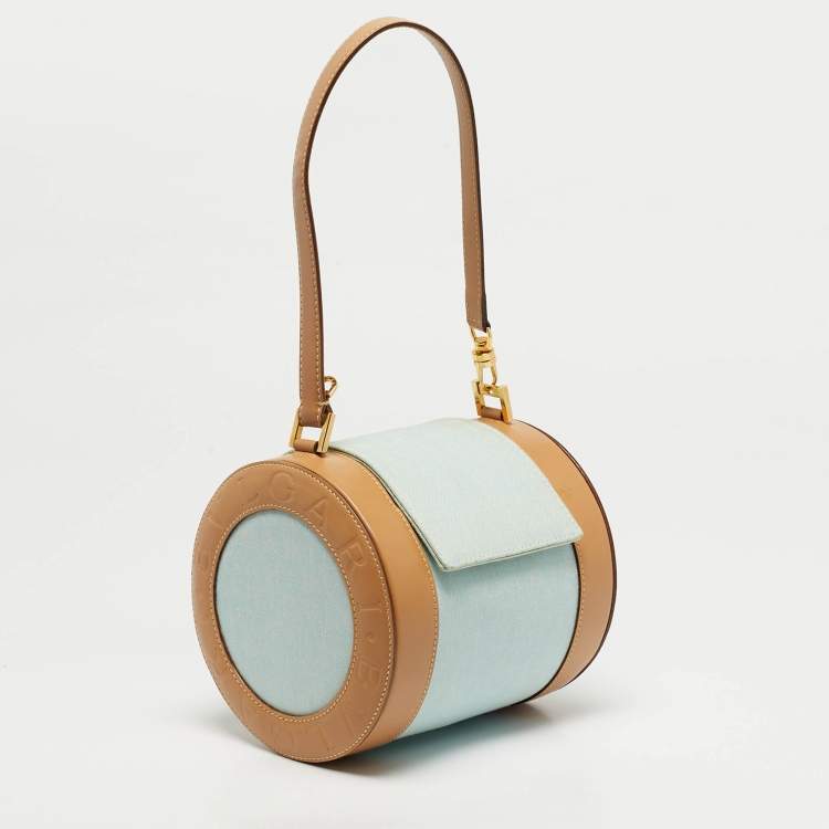 Pre Owned Bvlgari Tan/Light Blue Logo Mania Fabric Cylinder Bag