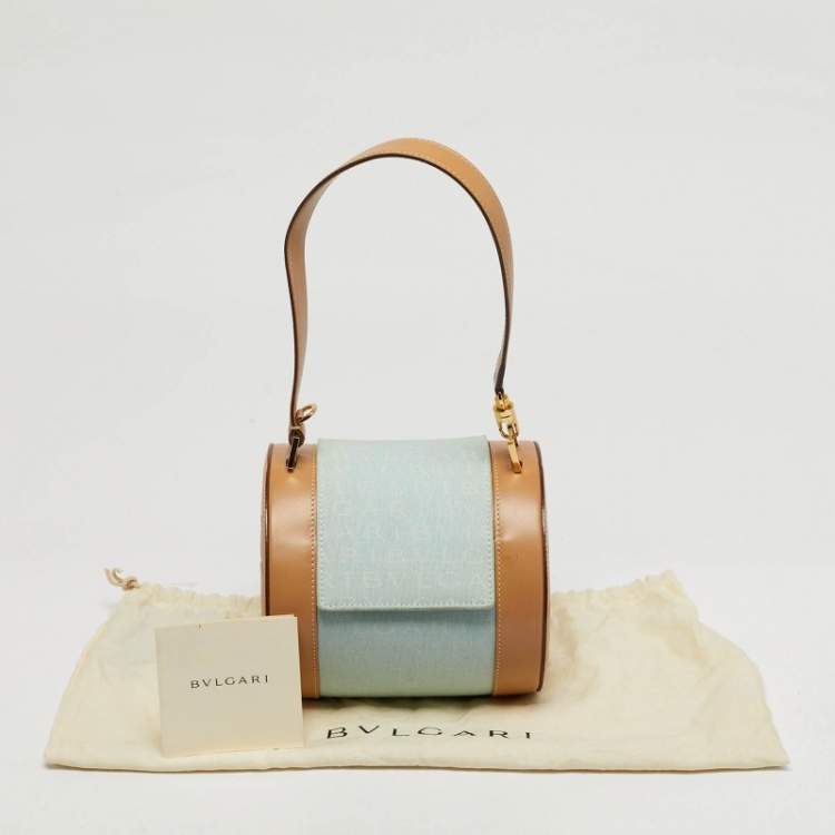 Pre Owned Bvlgari Tan/Light Blue Logo Mania Fabric Cylinder Bag