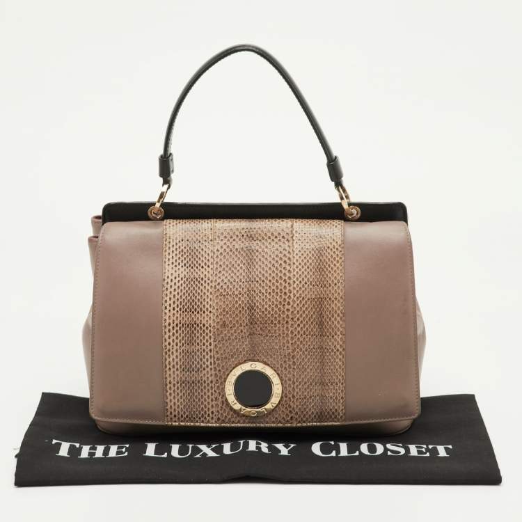 Pre Owned Bvlgari Duet Brown/Beige Leather and Snakeskin Top Handle Bag