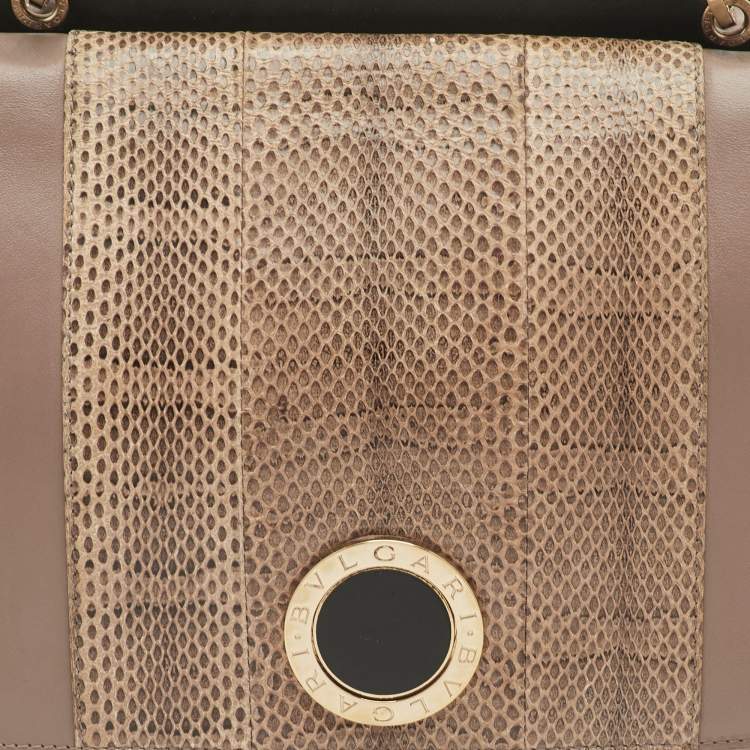 Pre Owned Bvlgari Duet Brown/Beige Leather and Snakeskin Top Handle Bag