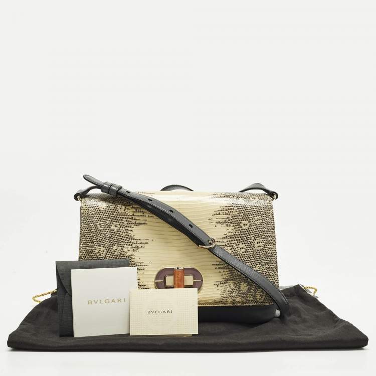 Pre Owned Bvlgari Icona Grey/Cream Lizard Skin and Leather Shoulder Bag