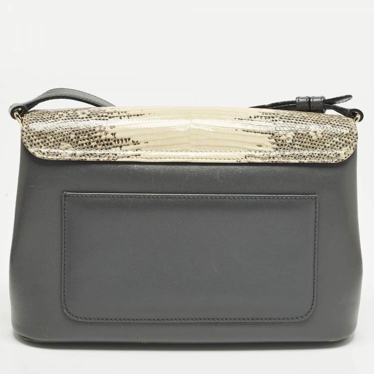 Pre Owned Bvlgari Icona Grey/Cream Lizard Skin and Leather Shoulder Bag