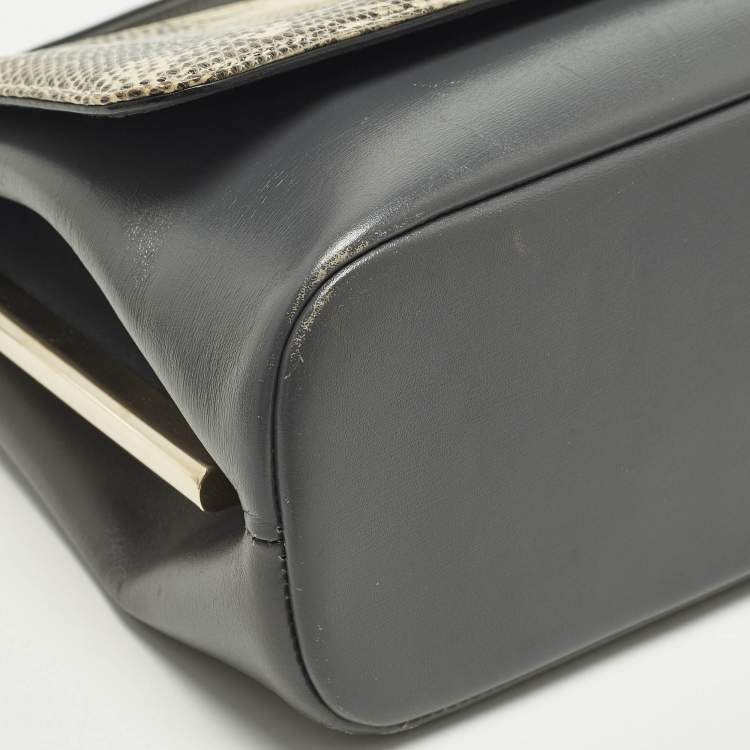 Pre Owned Bvlgari Icona Grey/Cream Lizard Skin and Leather Shoulder Bag