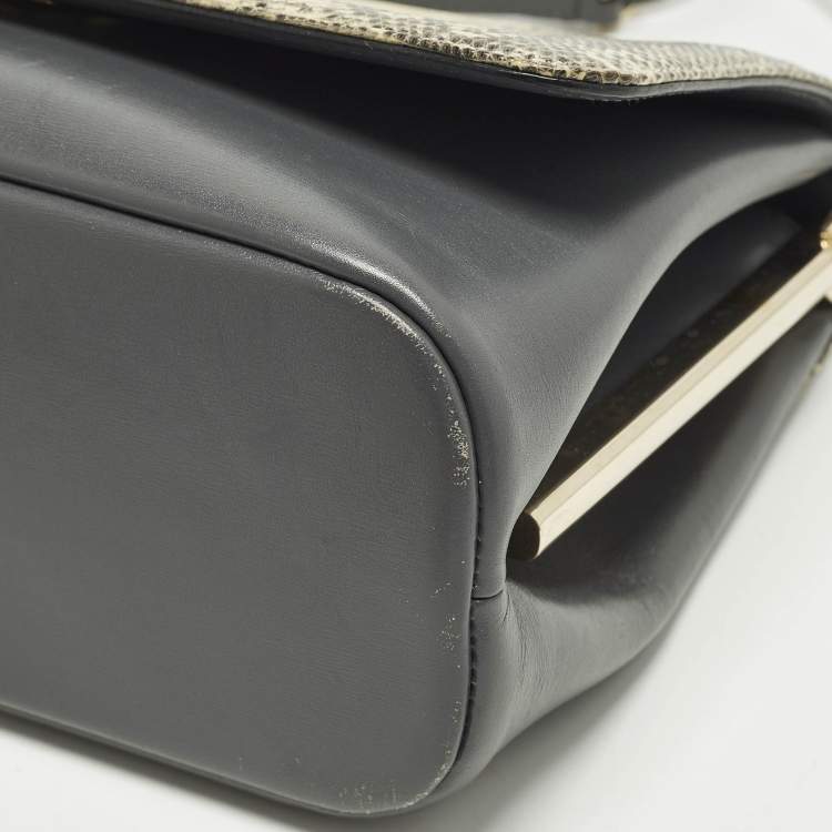 Pre Owned Bvlgari Icona Grey/Cream Lizard Skin and Leather Shoulder Bag