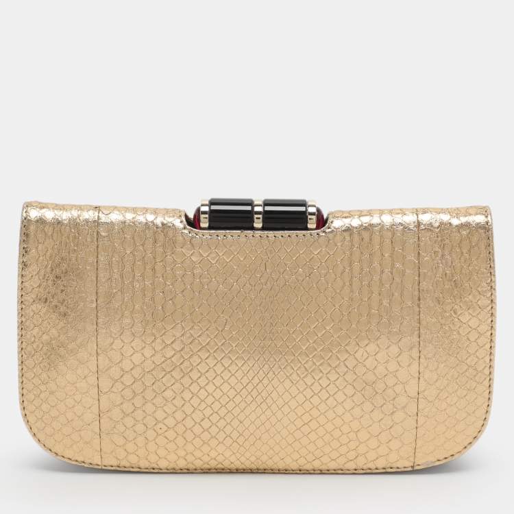 Pre Owned Bvlgari Lipstick Gold Python Leather Clutch