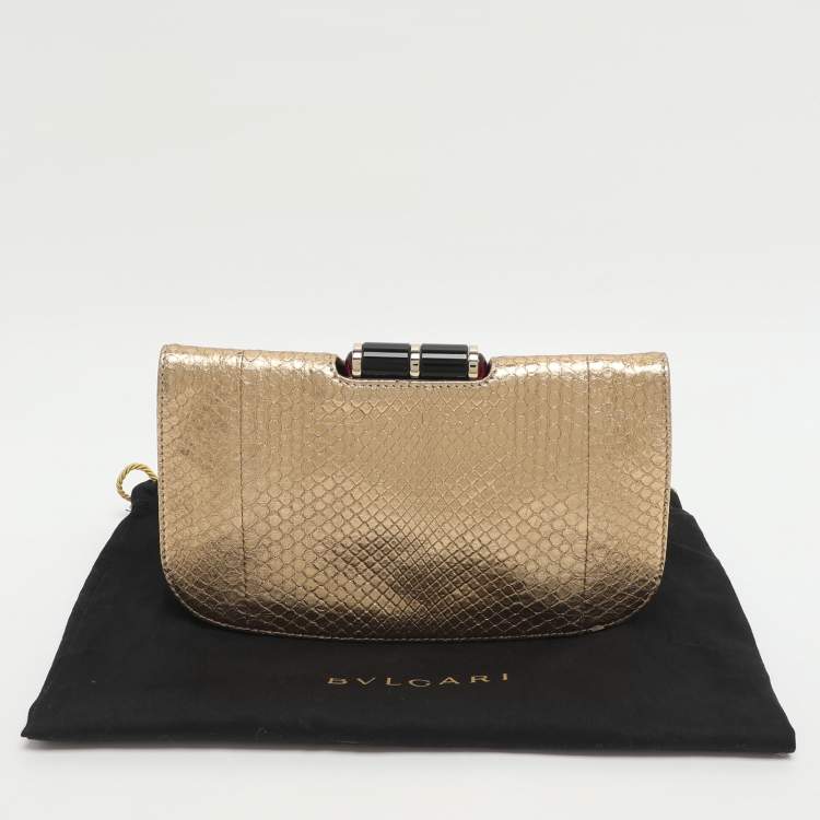 Pre Owned Bvlgari Lipstick Gold Python Leather Clutch