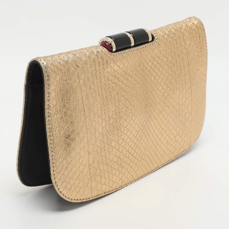 Pre Owned Bvlgari Lipstick Gold Python Leather Clutch