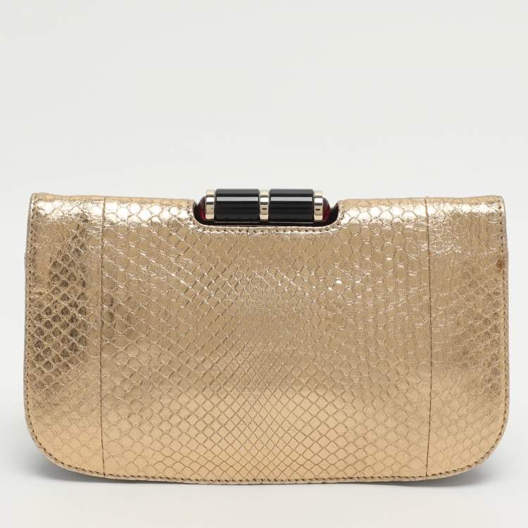 Pre Owned Bvlgari Lipstick Gold Python Leather Clutch