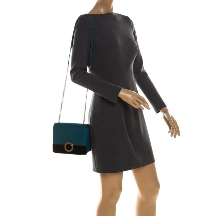 Pre Owned Bvlgari Teal/Black Leather and Perspex Small Flap Cover Shoulder Bag
