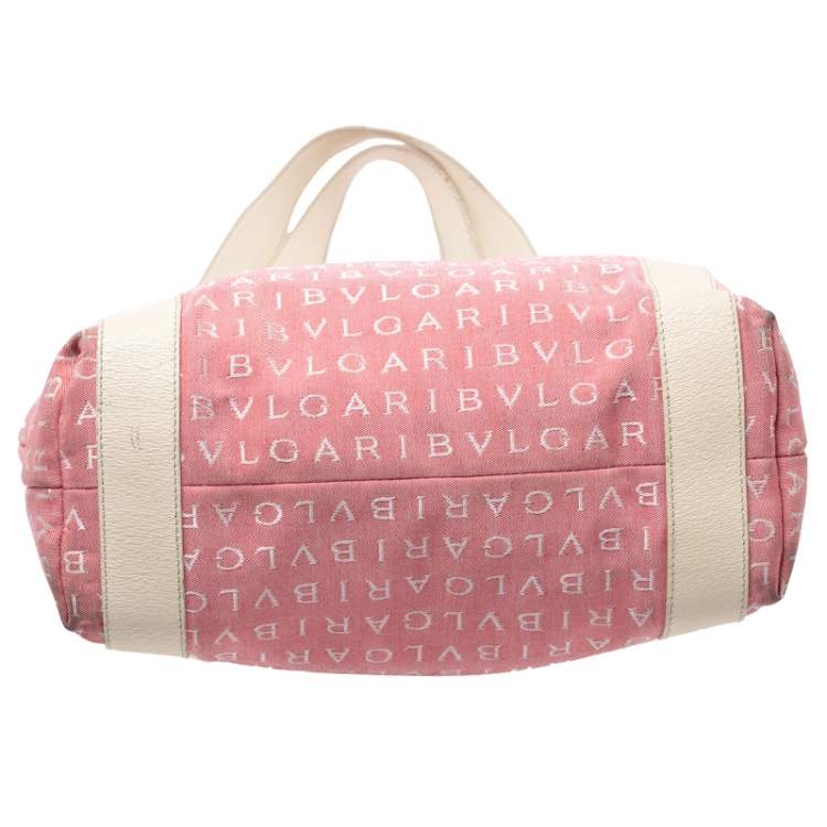 Pre Owned Bvlgari Pink/Beige Logo Mania Canvas and Leather Tote