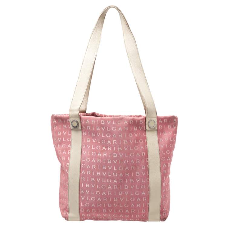 Pre Owned Bvlgari Pink/Beige Logo Mania Canvas and Leather Tote