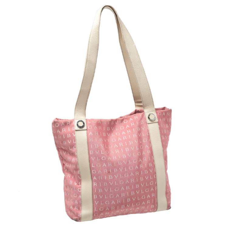 Pre Owned Bvlgari Pink/Beige Logo Mania Canvas and Leather Tote