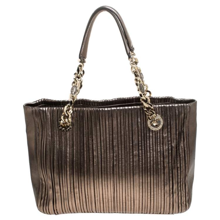 Pre Owned Bvlgari Gunmetal Plisse Leather Monte Shopper Tote