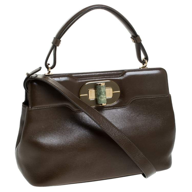 Pre Owned Bvlgari Olive Green Leather Isabella Rossellini Top Handle Bag