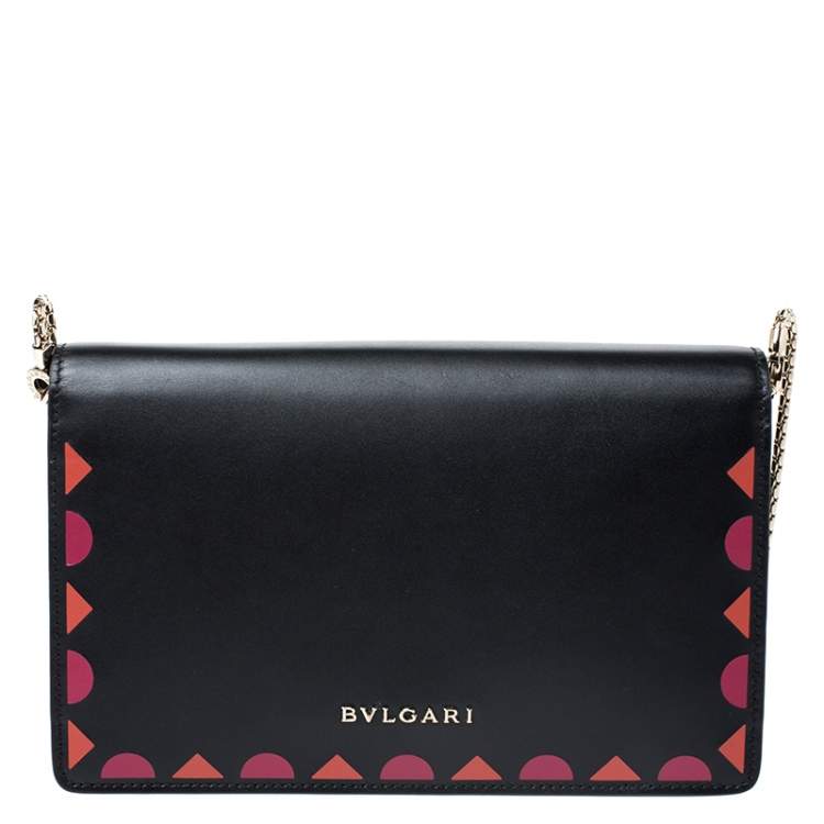 Pre Owned Bvlgari Black Leather Patch Details Serpenti Forever Chain Clutch