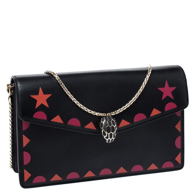Pre Owned Bvlgari Black Leather Patch Details Serpenti Forever Chain Clutch