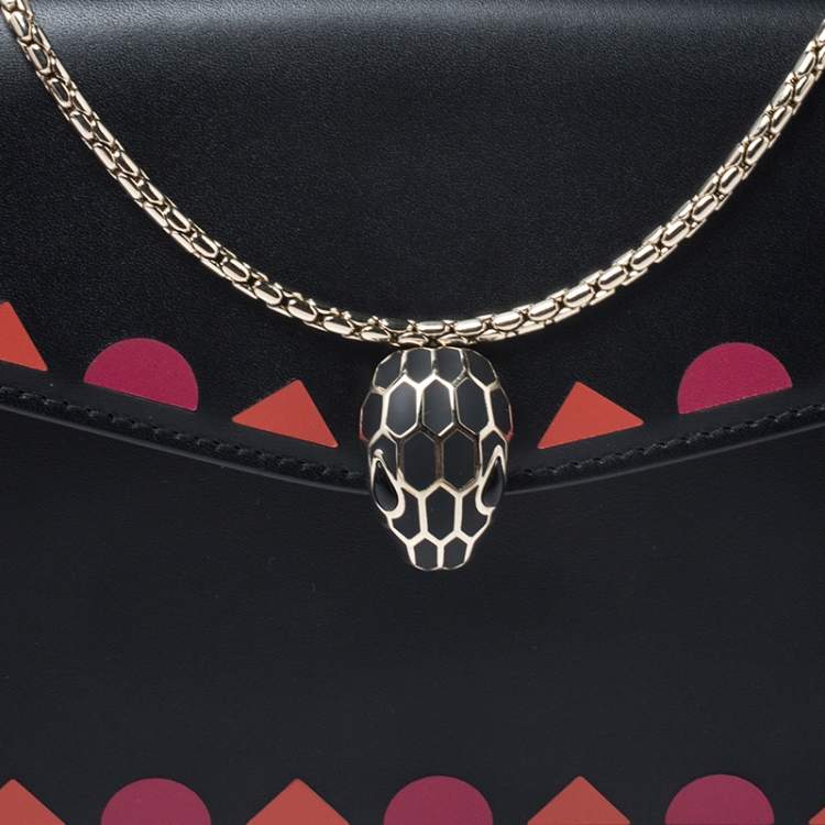 Pre Owned Bvlgari Black Leather Patch Details Serpenti Forever Chain Clutch