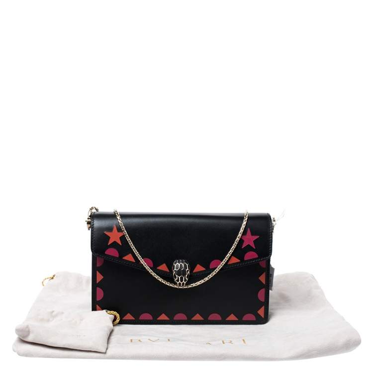 Pre Owned Bvlgari Black Leather Patch Details Serpenti Forever Chain Clutch