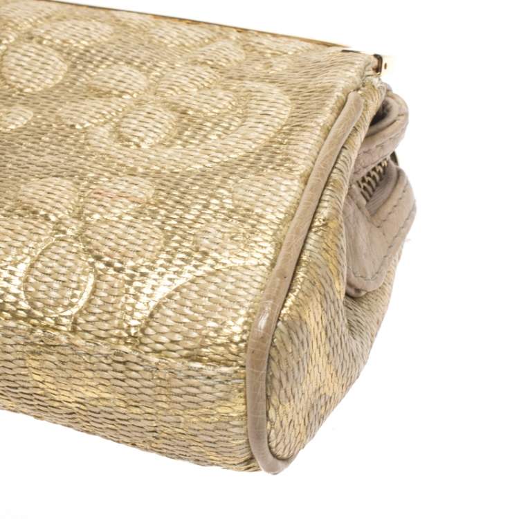Pre Owned Bvlgari Metallic Gold Floral Embossed Straw Clutch